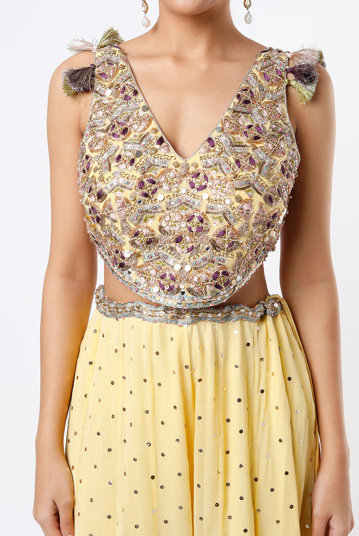 Yellow Georgette Embroidered Choli With Dot Mukaish Georgette Sharara