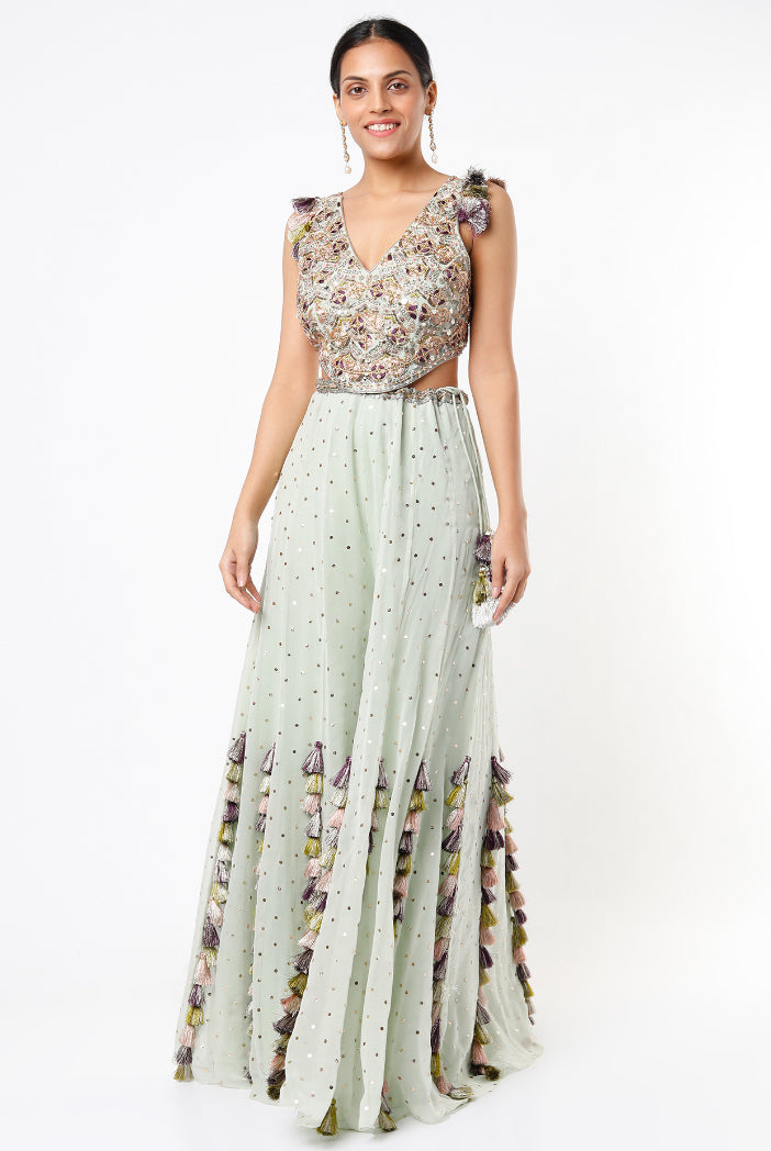 Mint Georgette Embroidered Choli With Dot Mukaish Georgette Sharara