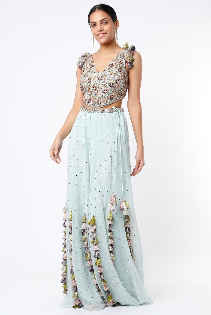 Powder Blue Georgette Embroidered Choli With Dot Mukaish Georgette Sharara