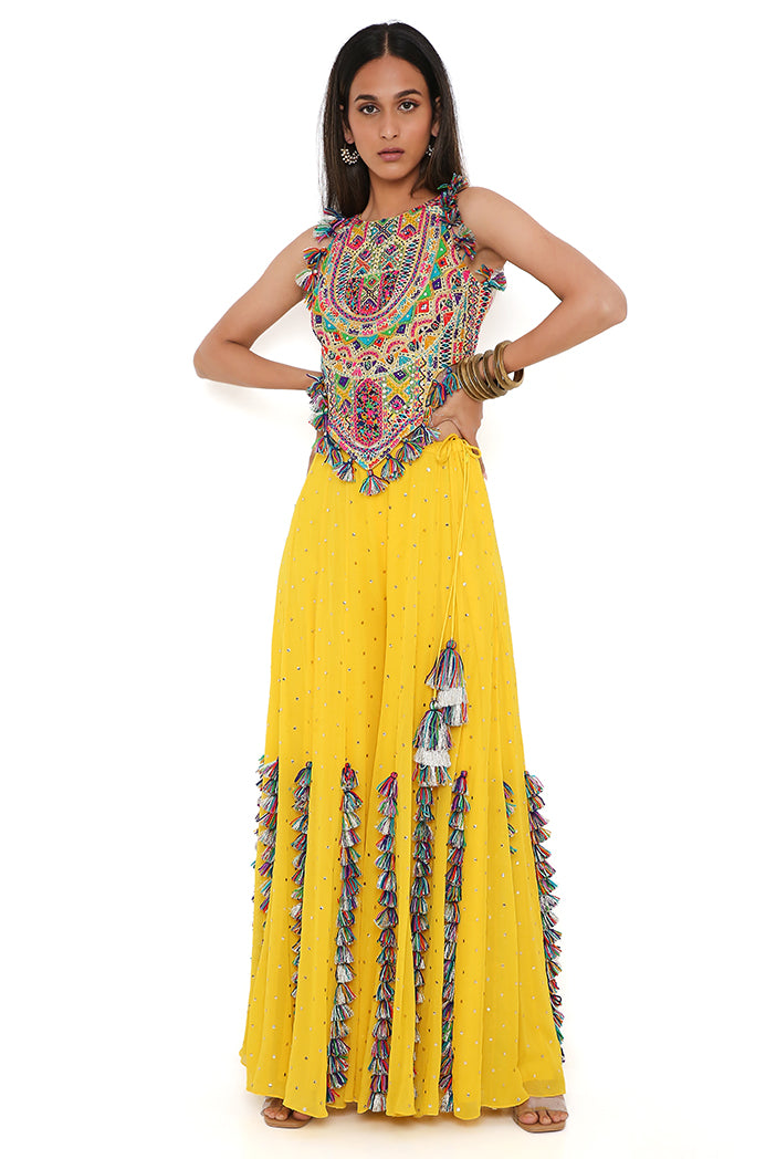 Yellow Georgette Embroidered Choli With Mukaish Georgette Sharara