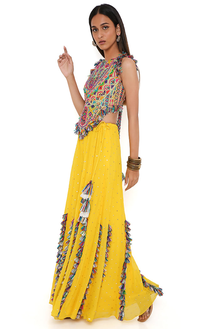 Yellow Georgette Embroidered Choli With Mukaish Georgette Sharara