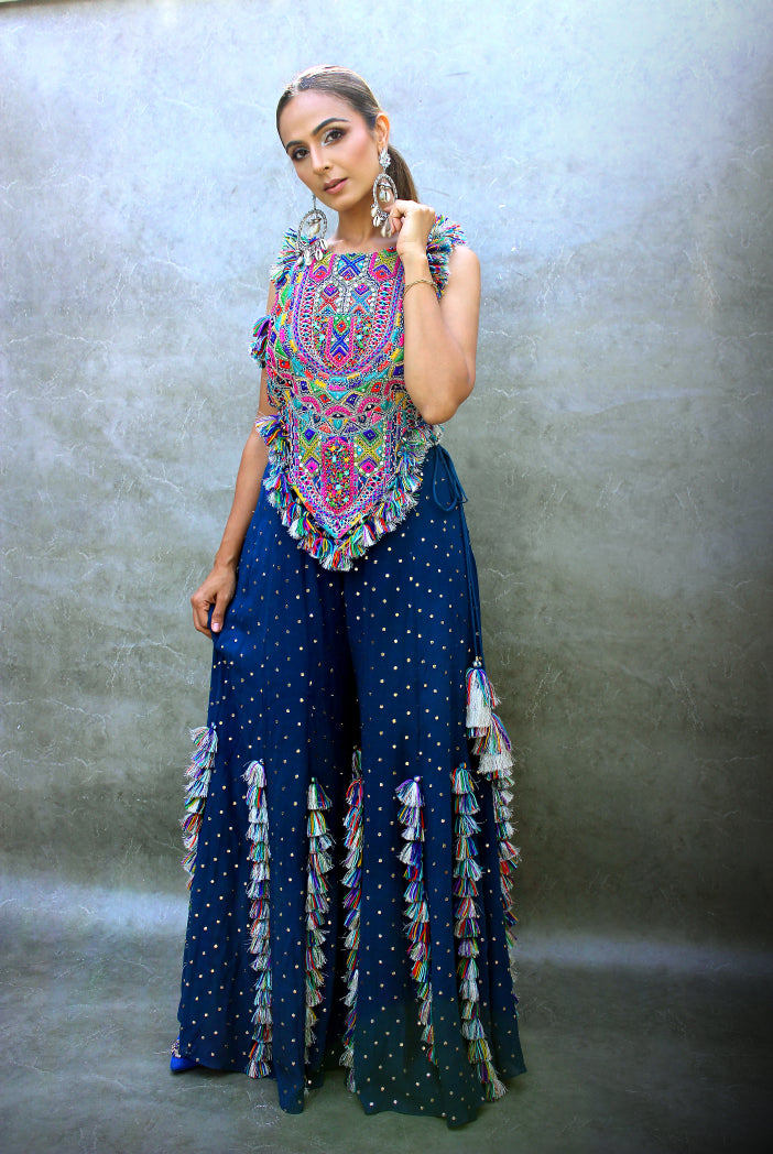 Midnight Blue Colour Embroidered Choli With Mukaish Sharara