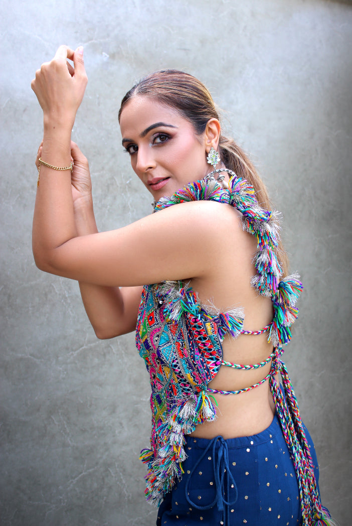 Midnight Blue Colour Embroidered Choli With Mukaish Sharara