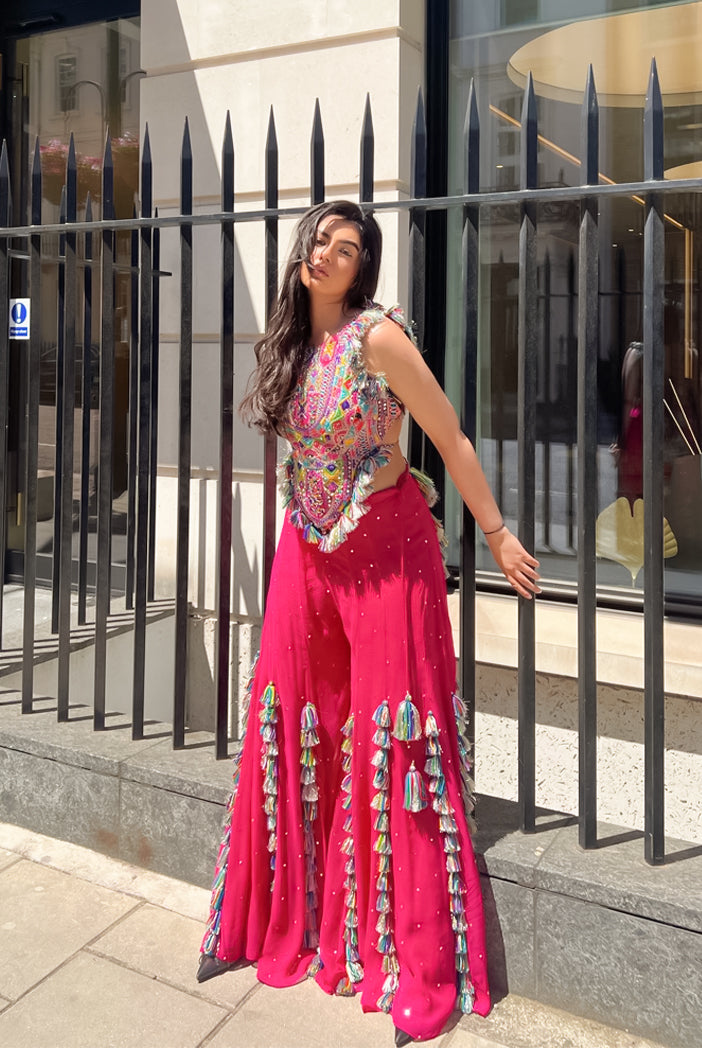 Hot Pink Georgette Embroidered Top With Mukaish Georgette Sharara