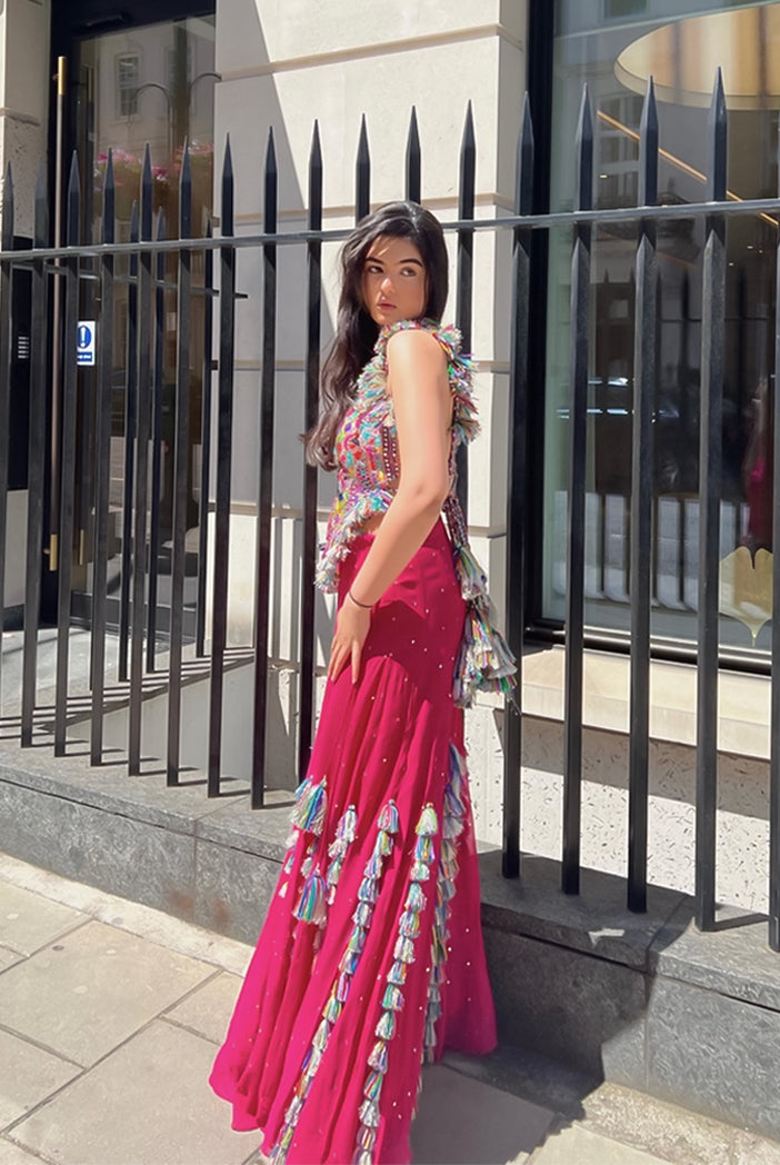 Hot Pink Georgette Embroidered Top With Mukaish Georgette Sharara
