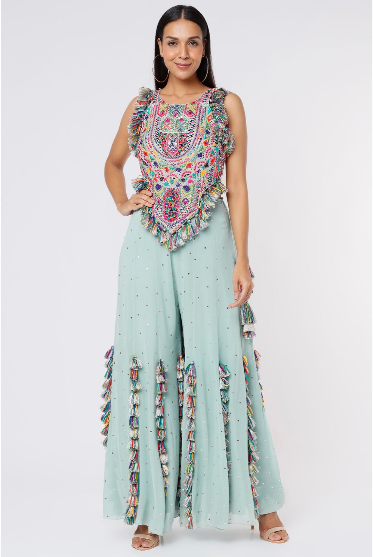 Aqua Georgette Embroidered Choli With Mukaish Georgette Sharara