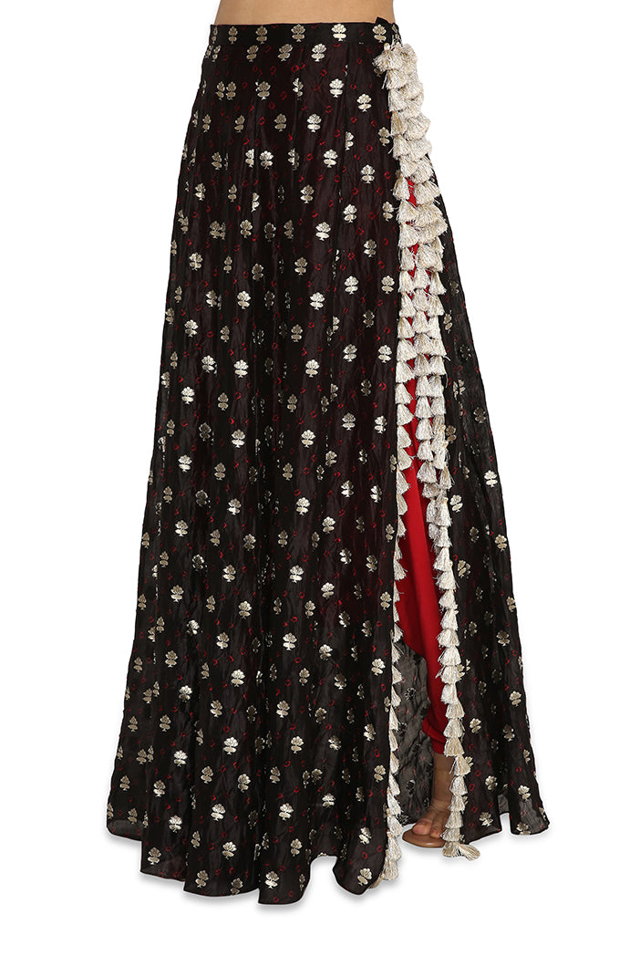 Bianca Black Colour Embroidered Choli With Black Bandhani Skirt And Maroon Colour Low Crotch Pants