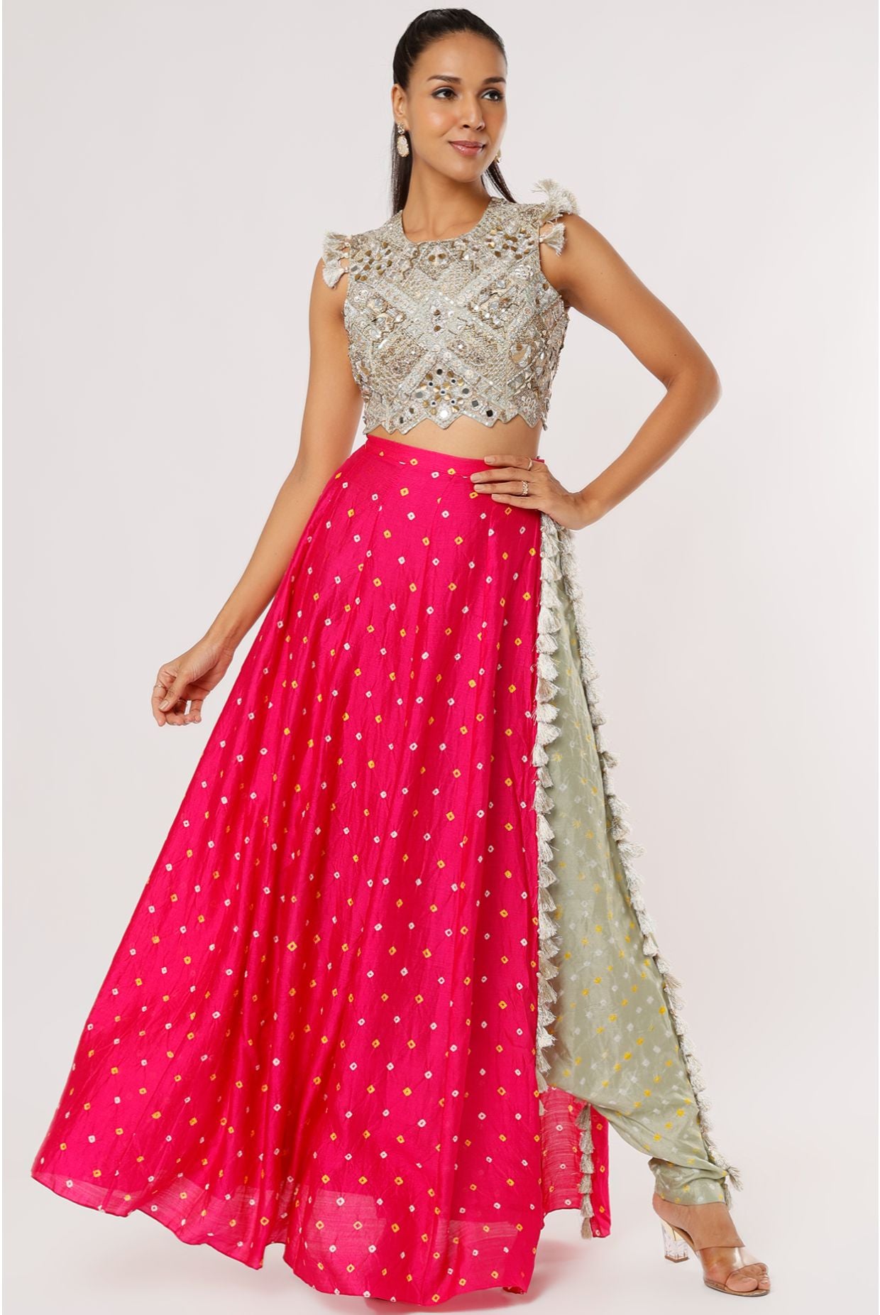 Mint Georgette Embroidered Choli And Mint Bandhani Silk Low Crotch Pant With Attached Pink Bandhani Silk Skirt