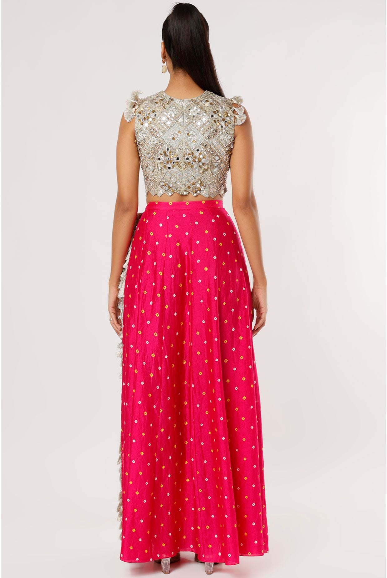 Mint Georgette Embroidered Choli And Mint Bandhani Silk Low Crotch Pant With Attached Pink Bandhani Silk Skirt