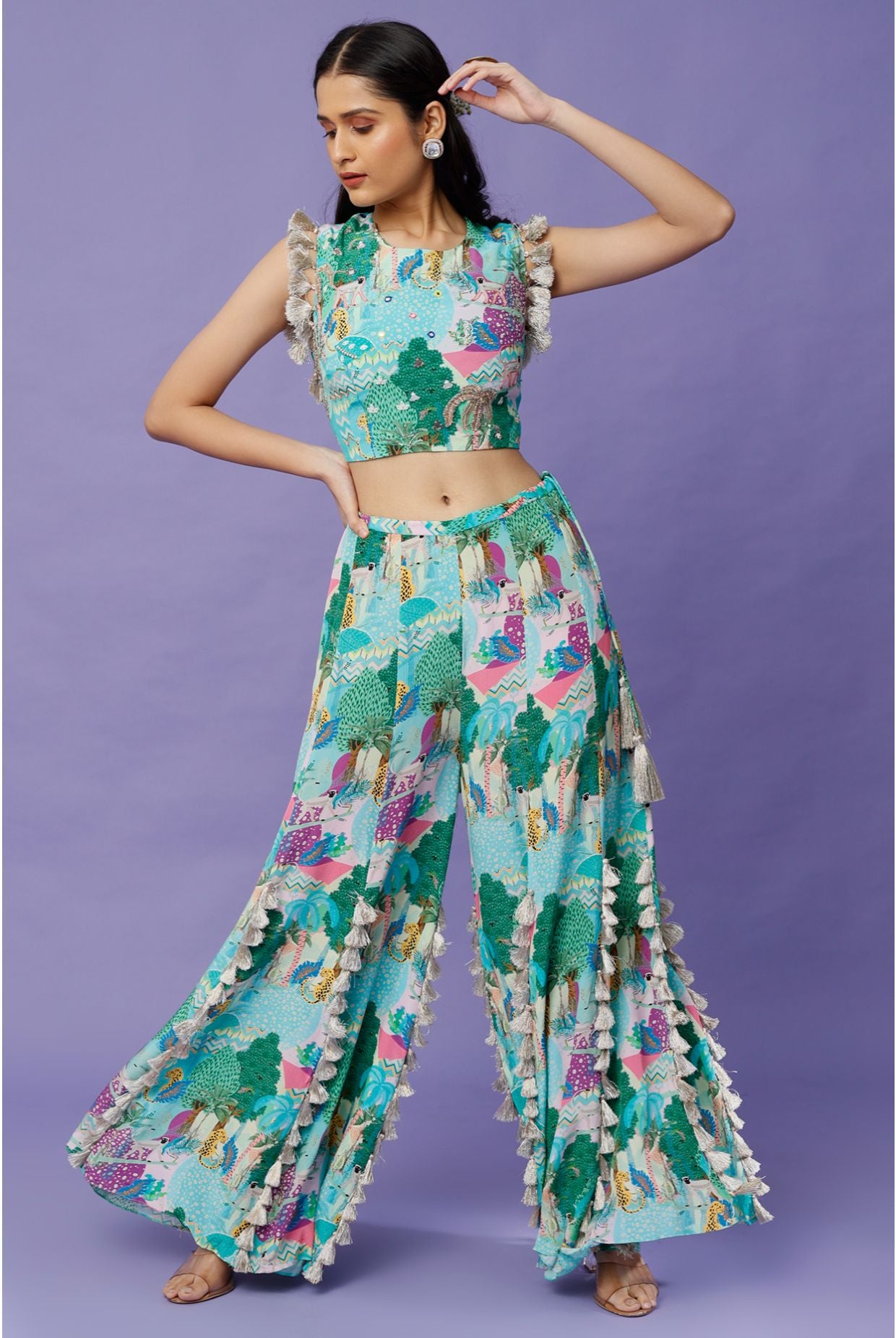 Aqua Kuno Print Crepe Embroidered Choli With Tasseled Sharara
