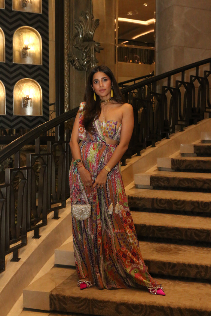 African Print Crepe Tube Bustier With Attached Drape and Skirt