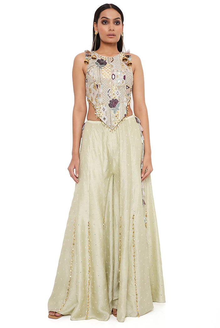 Mint Georgette Embroidered Choli With Abla Silk Sharara