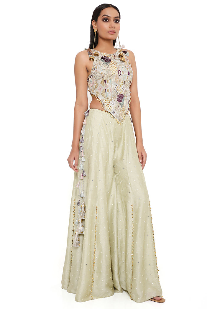 Mint Georgette Embroidered Choli With Abla Silk Sharara