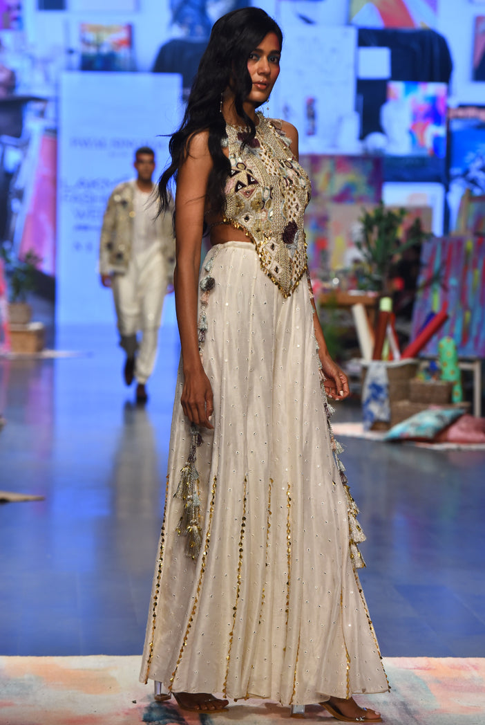 Ira Off White Georgette Front Embroidered Choli With Abla Silk Sharara