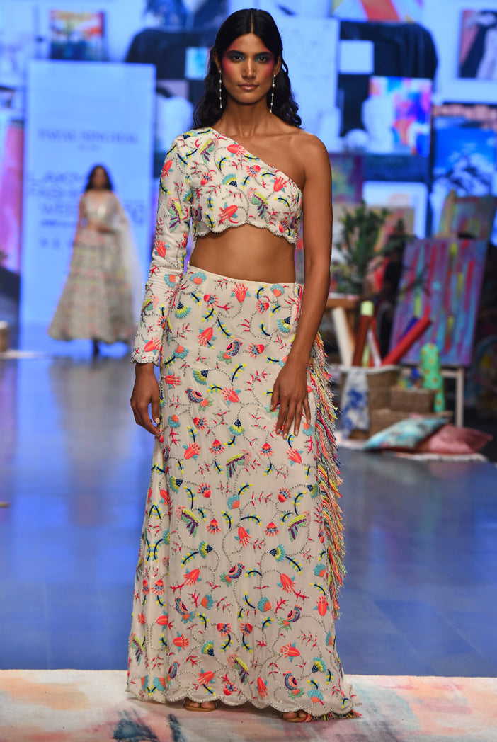 Elsa Stone Georgette Embroidered One Shoulder Top And Skirt