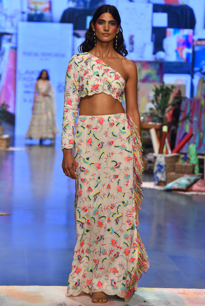 Elsa Stone Georgette Embroidered One Shoulder Top And Skirt