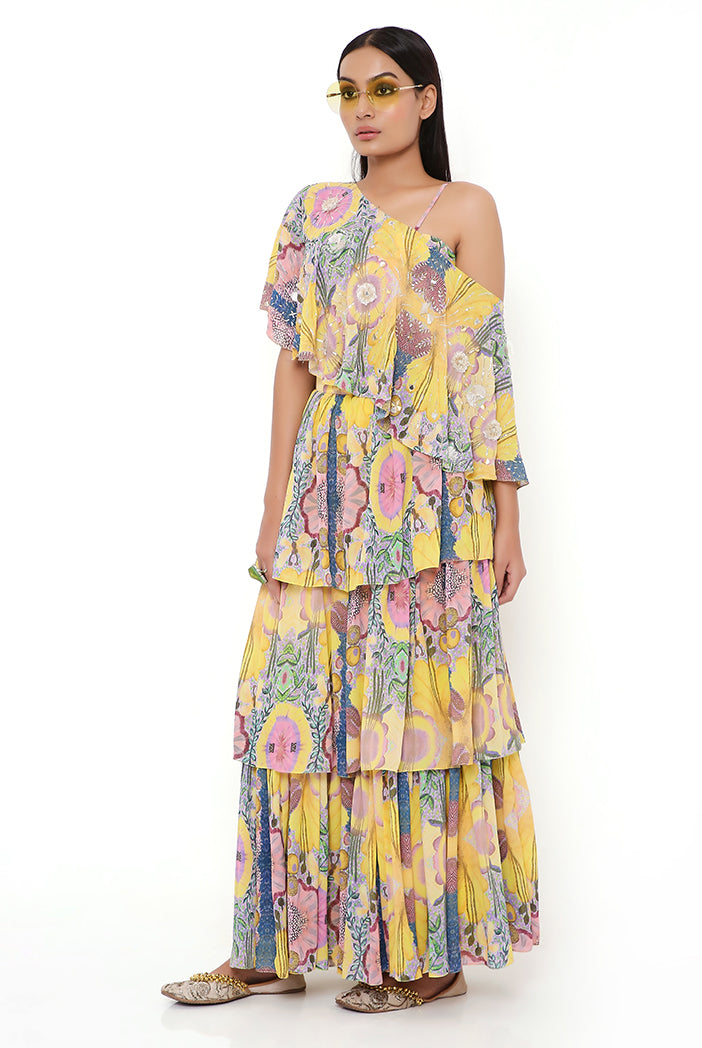 Yellow Enchanted Print Georgette Embroidered One Shoulder Cape With Bustier And Frill Sharara