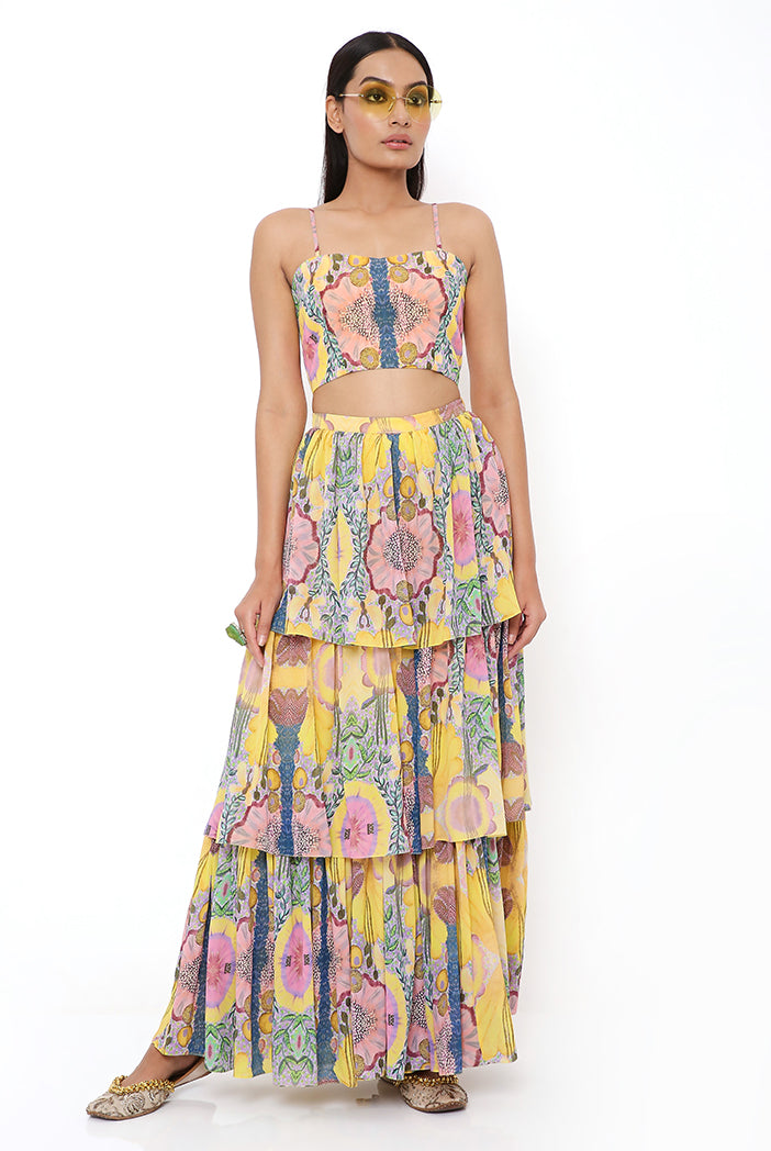 Yellow Enchanted Print Georgette Embroidered One Shoulder Cape With Bustier And Frill Sharara