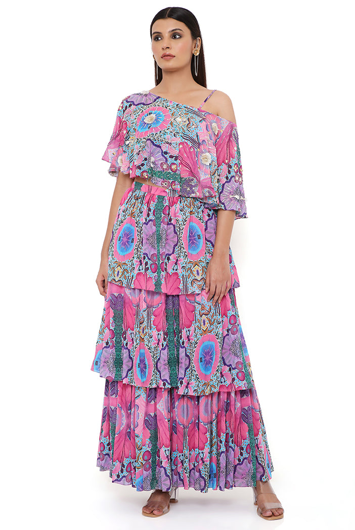 Pink Enchanted Print Georgette Embroidered One Shoulder Cape With A Bustier And Frill Sharara