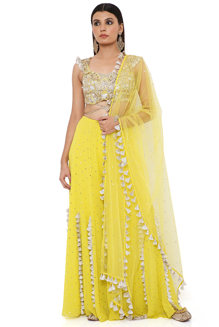 Lime Green Georgette Embroidered Choli And Mukaish Georgette Sharara With Mukaish Net Dupatta