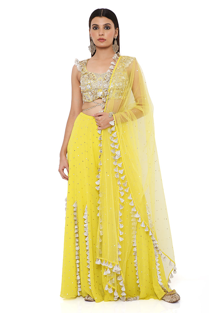 Lime Green Georgette Embroidered Choli And Mukaish Georgette Sharara With Mukaish Net Dupatta