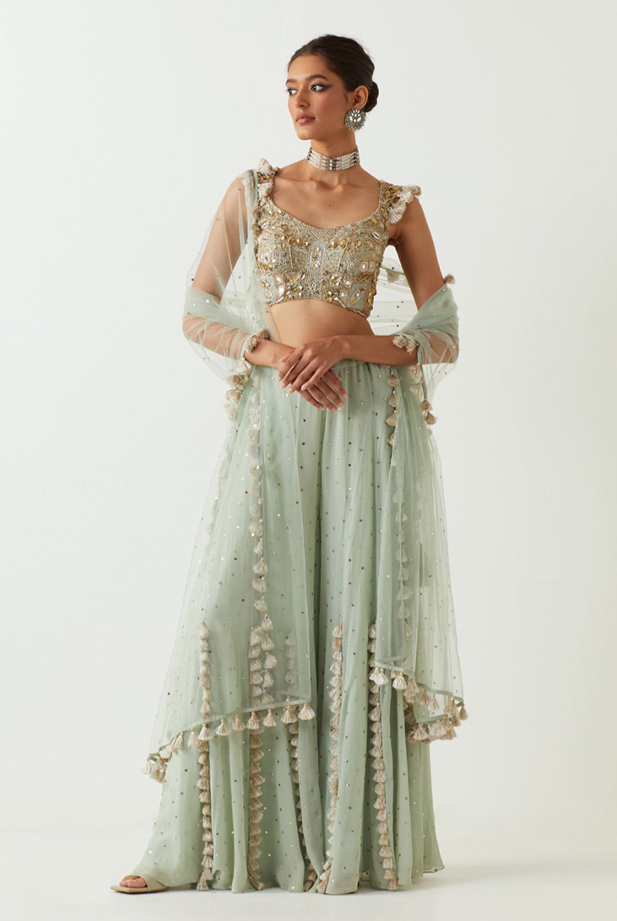 Powder Blue Embroidered Choli With Sharara And Dupatta