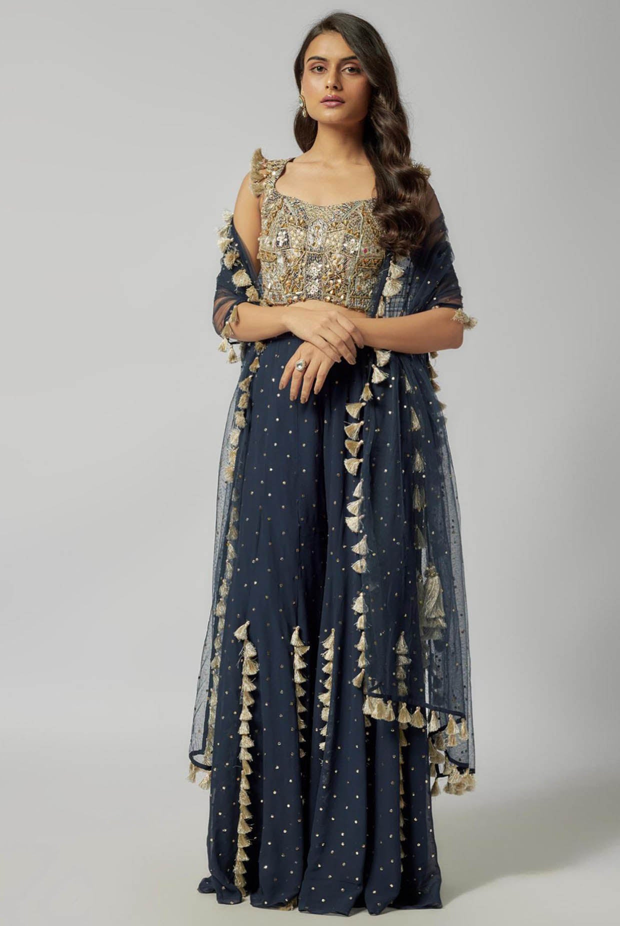 Navy Embroidered Back Tie-Up Choli With Sharara And Dupatta