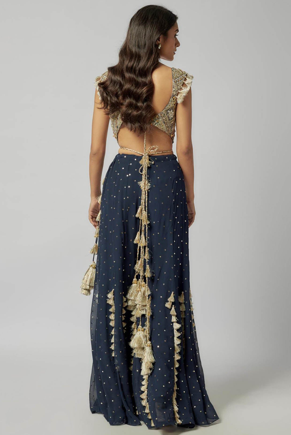Navy Embroidered Back Tie-Up Choli With Sharara And Dupatta