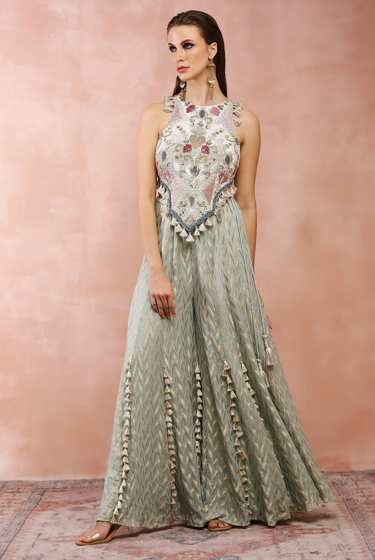 Powder Blue Applique Embroidered Choli With Sharara