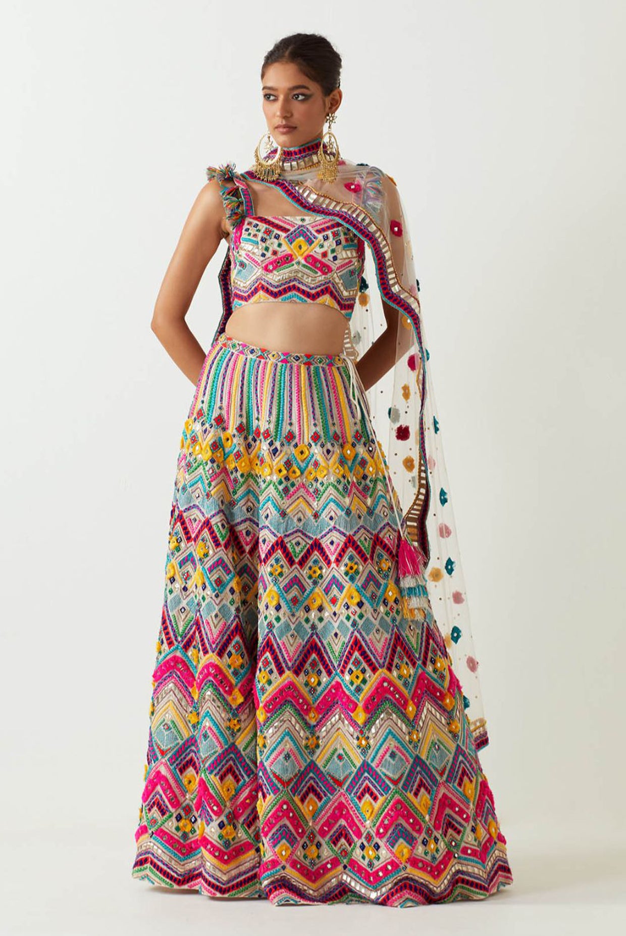 Multi Colour Embroidered Choli And Sharara With Embroidered Dupatta