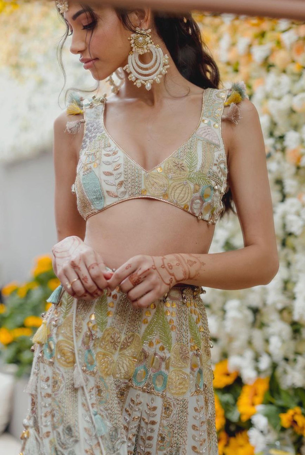 Off White Georgette Embroidered Choli And Sharara