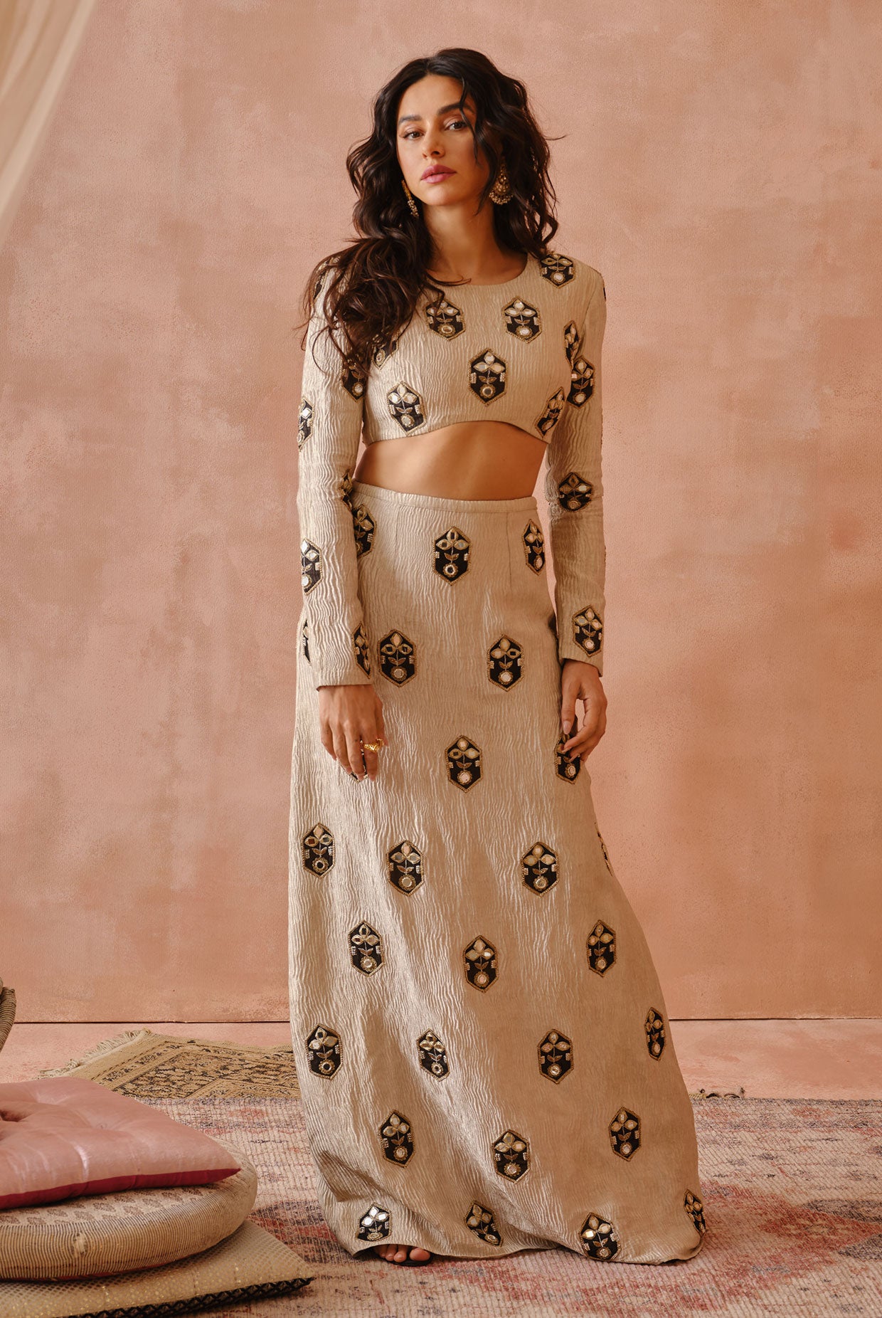 Crushed Dull Gold Embroidered Choli And Skirt With Applique And Zardosi Work