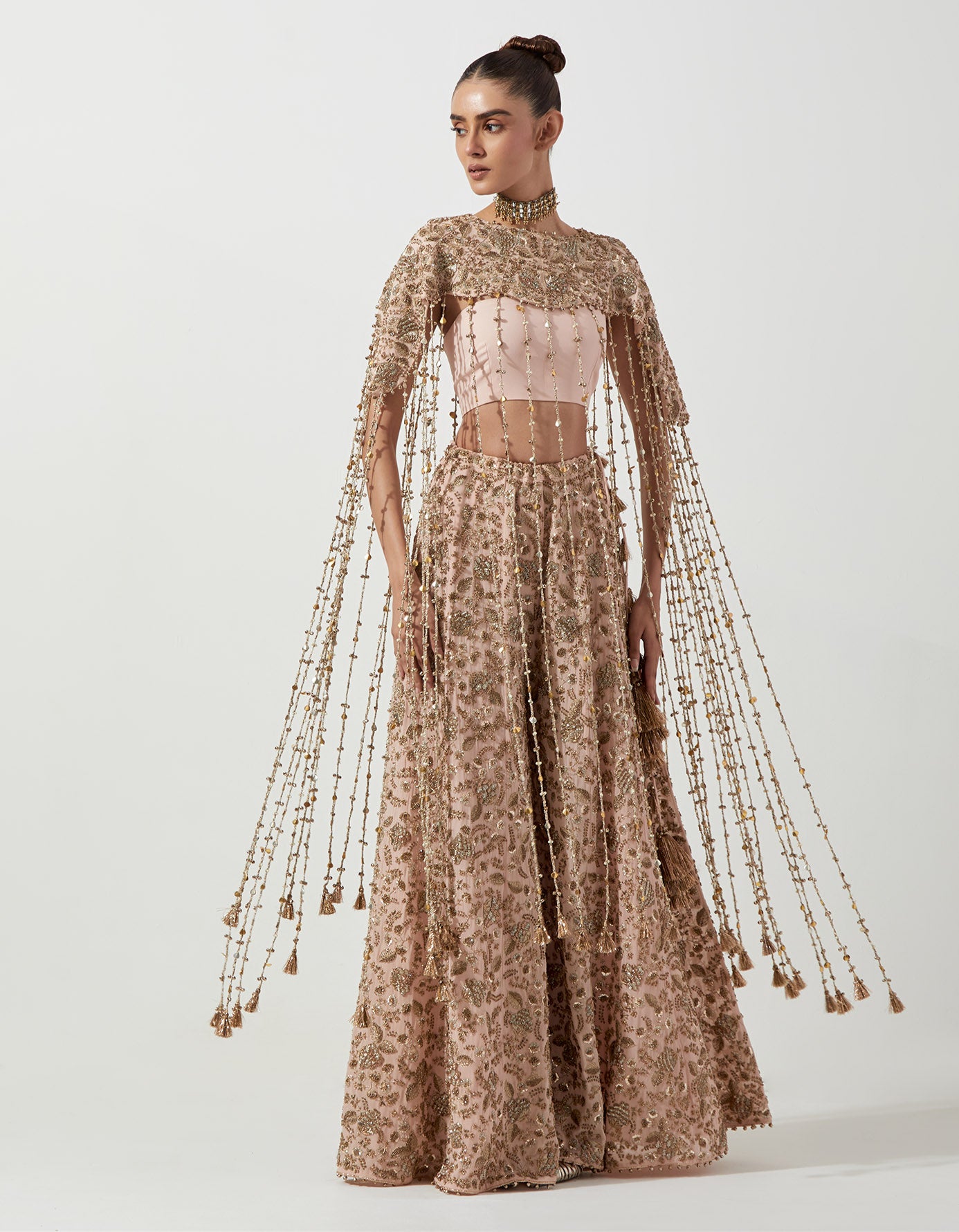 Blush Pink Embroidered Bib With Bustier And Sharara