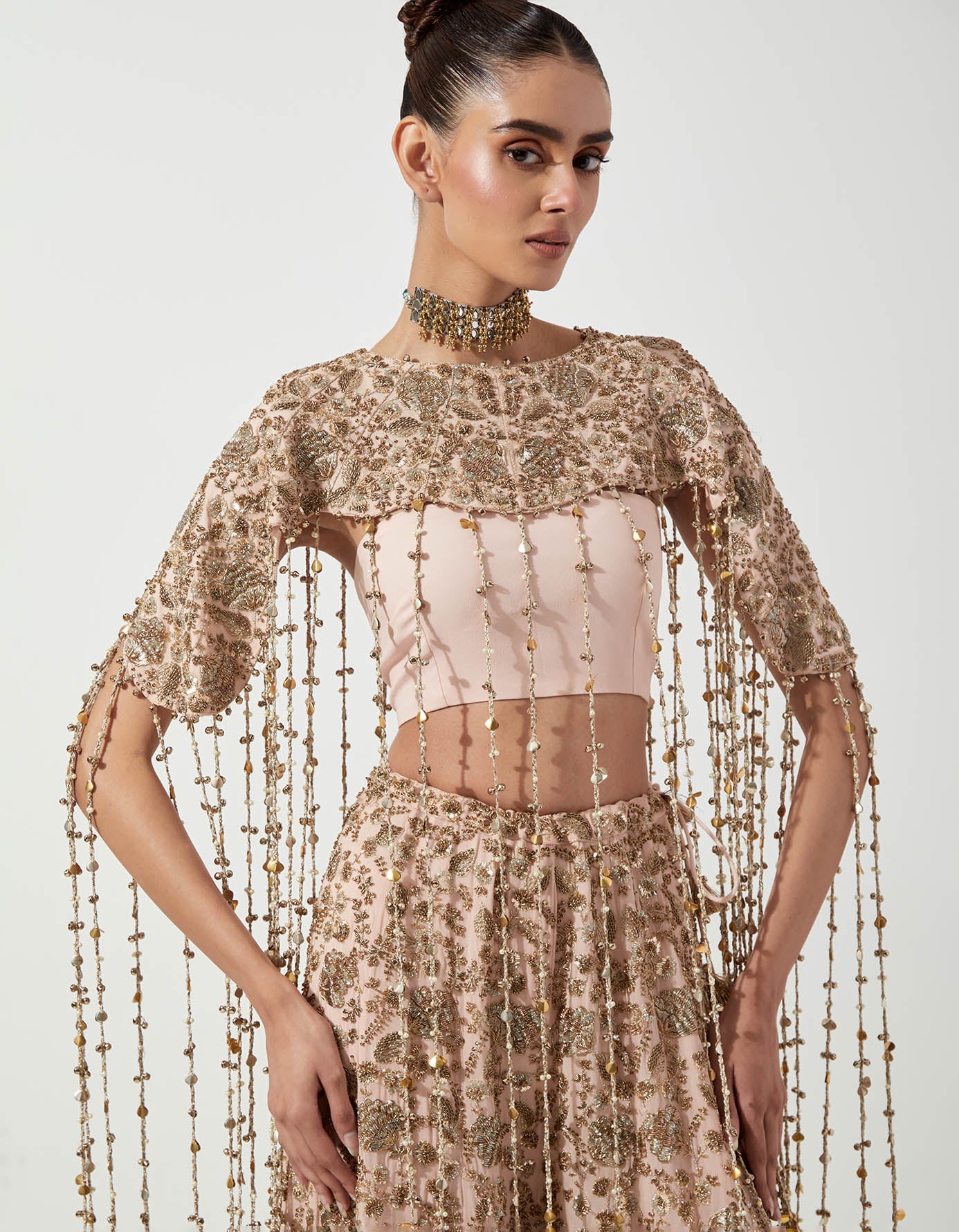 Blush Pink Embroidered Bib With Bustier And Sharara