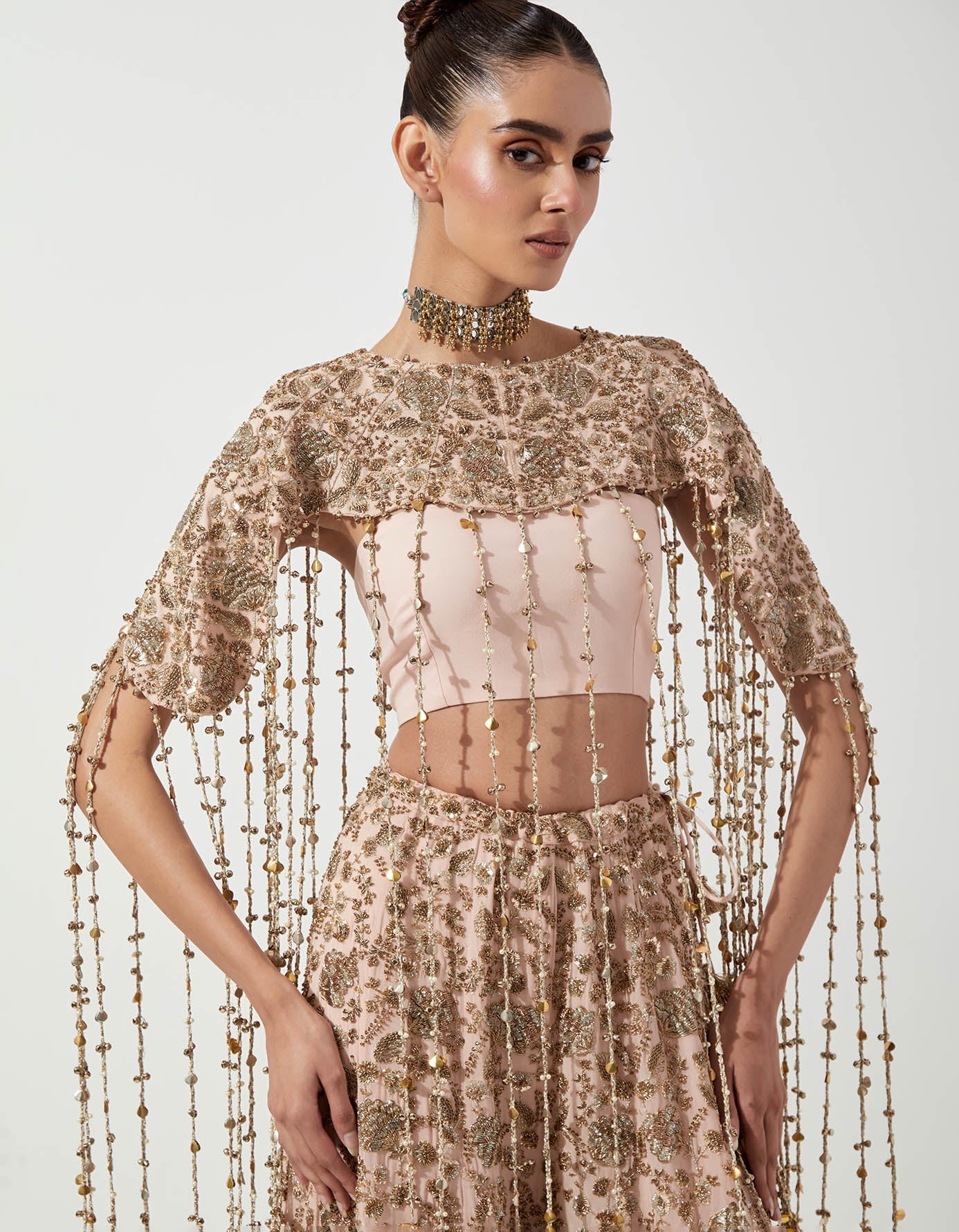 Blush Pink Embroidered Bib With Bustier And Sharara