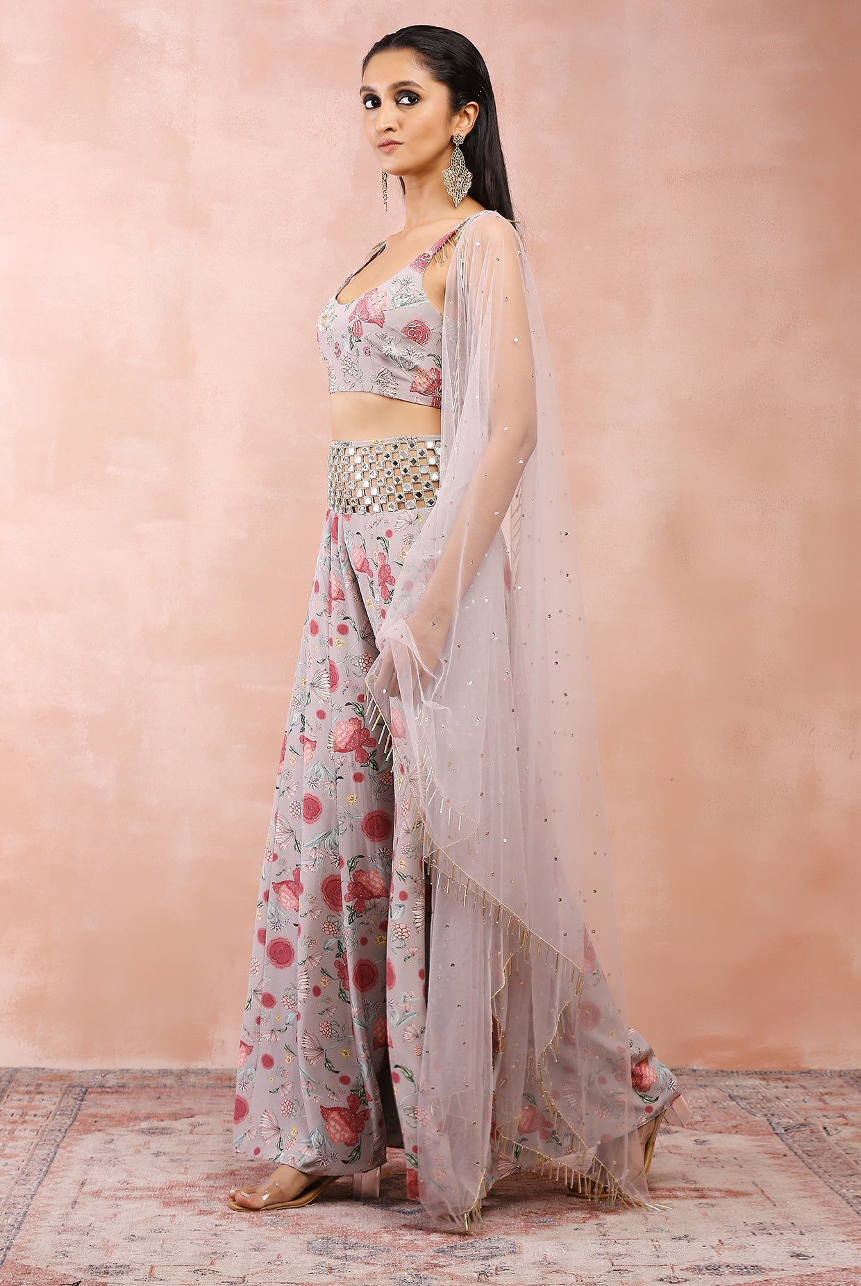 Grey Gulbagh Print Embroidered Choli With Sharara And Dupatta