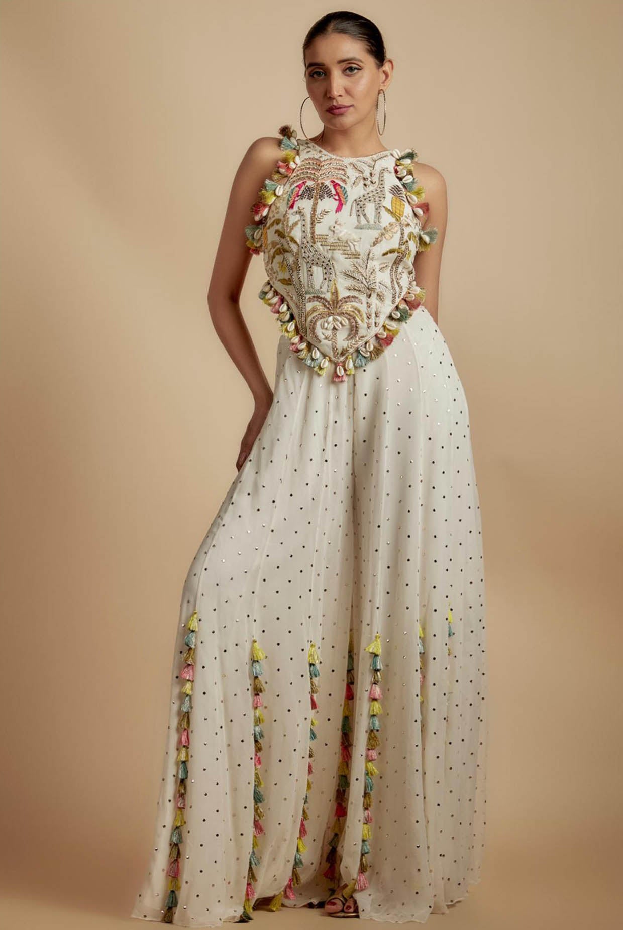 Ivory Embroidered Back Tie-Up Choli With Sharara