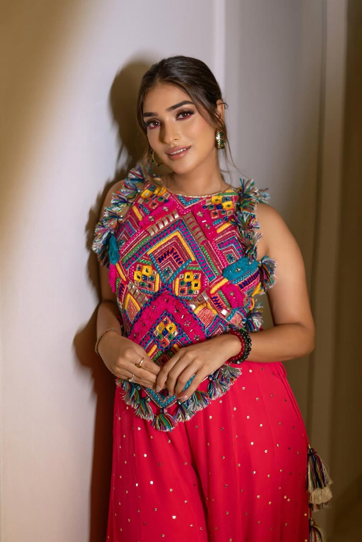 Hot Pink Georgette Embroidered Choli With Sharara