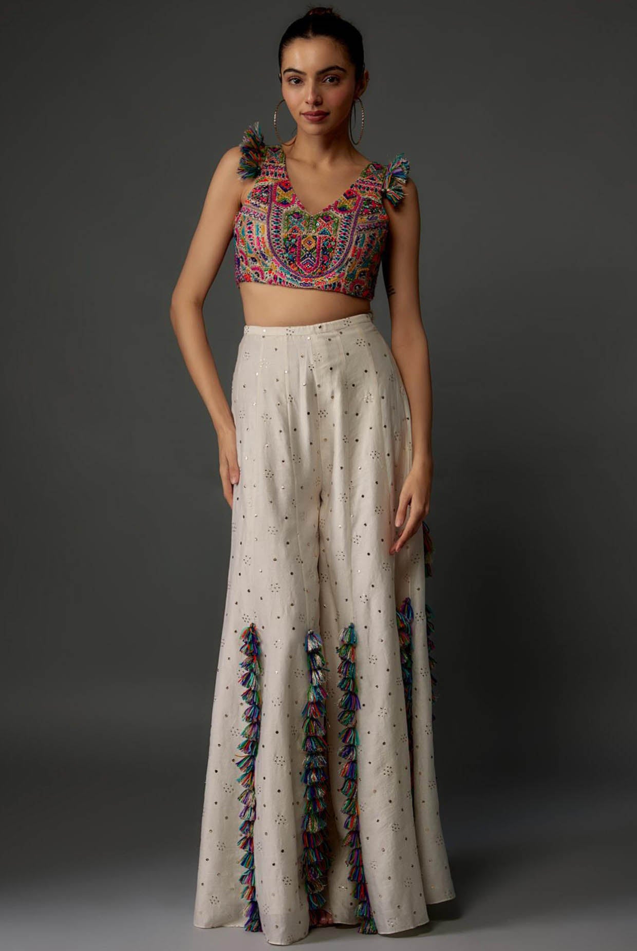 Off-White Embroidered Back Tie-Up Choli With Sharara