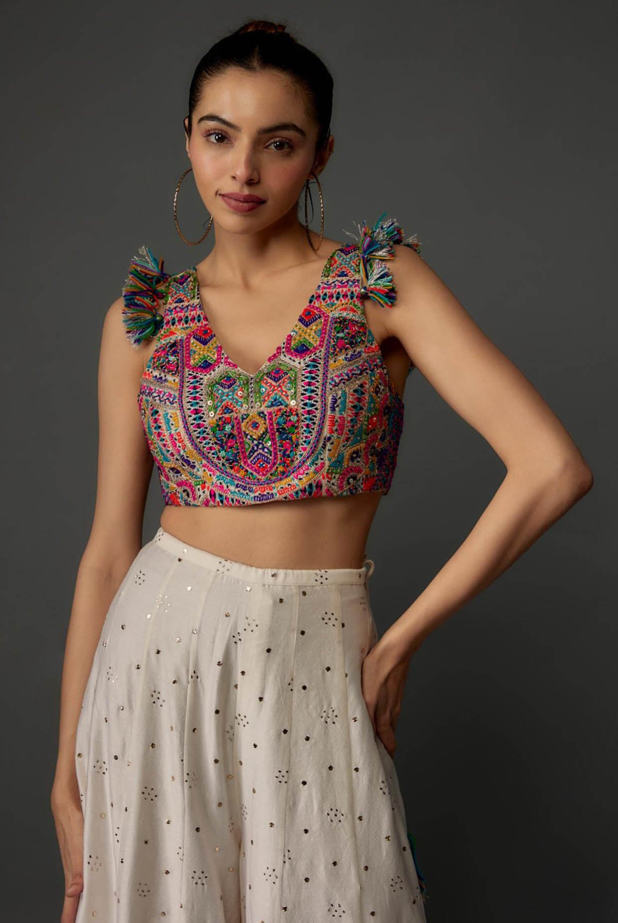 Off-White Embroidered Back Tie-Up Choli With Sharara