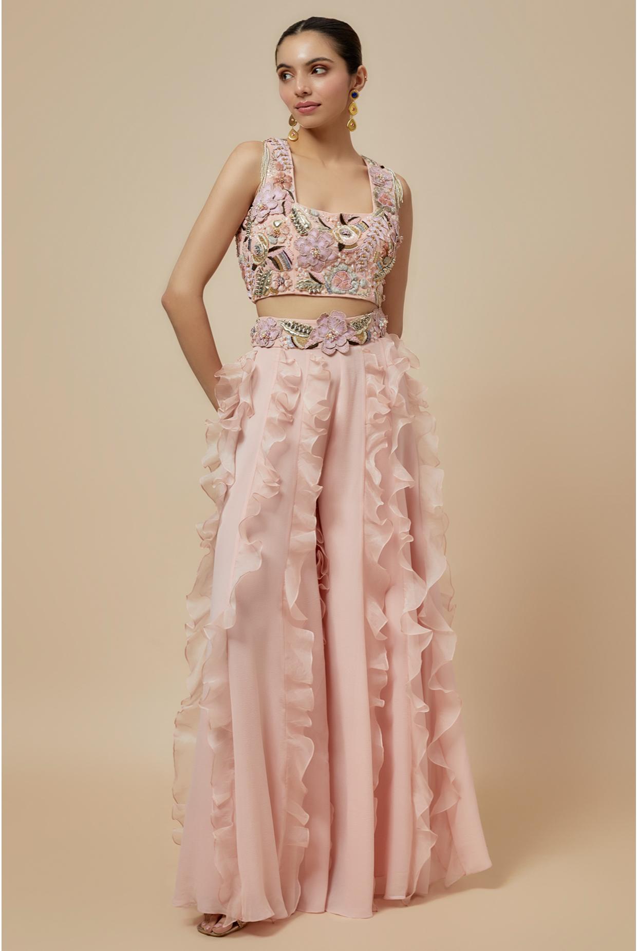 Rose Pink Embroidered Back Tie-Up Choli With Ruffled Sharara