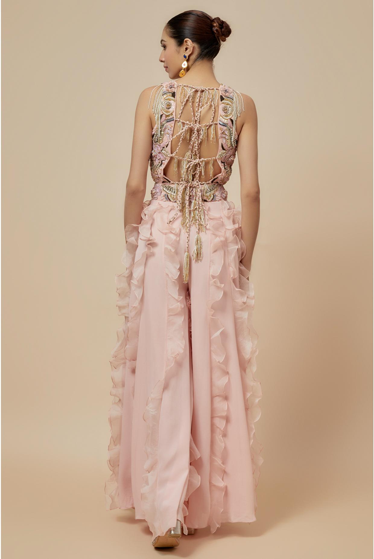Rose Pink Embroidered Back Tie-Up Choli With Ruffled Sharara