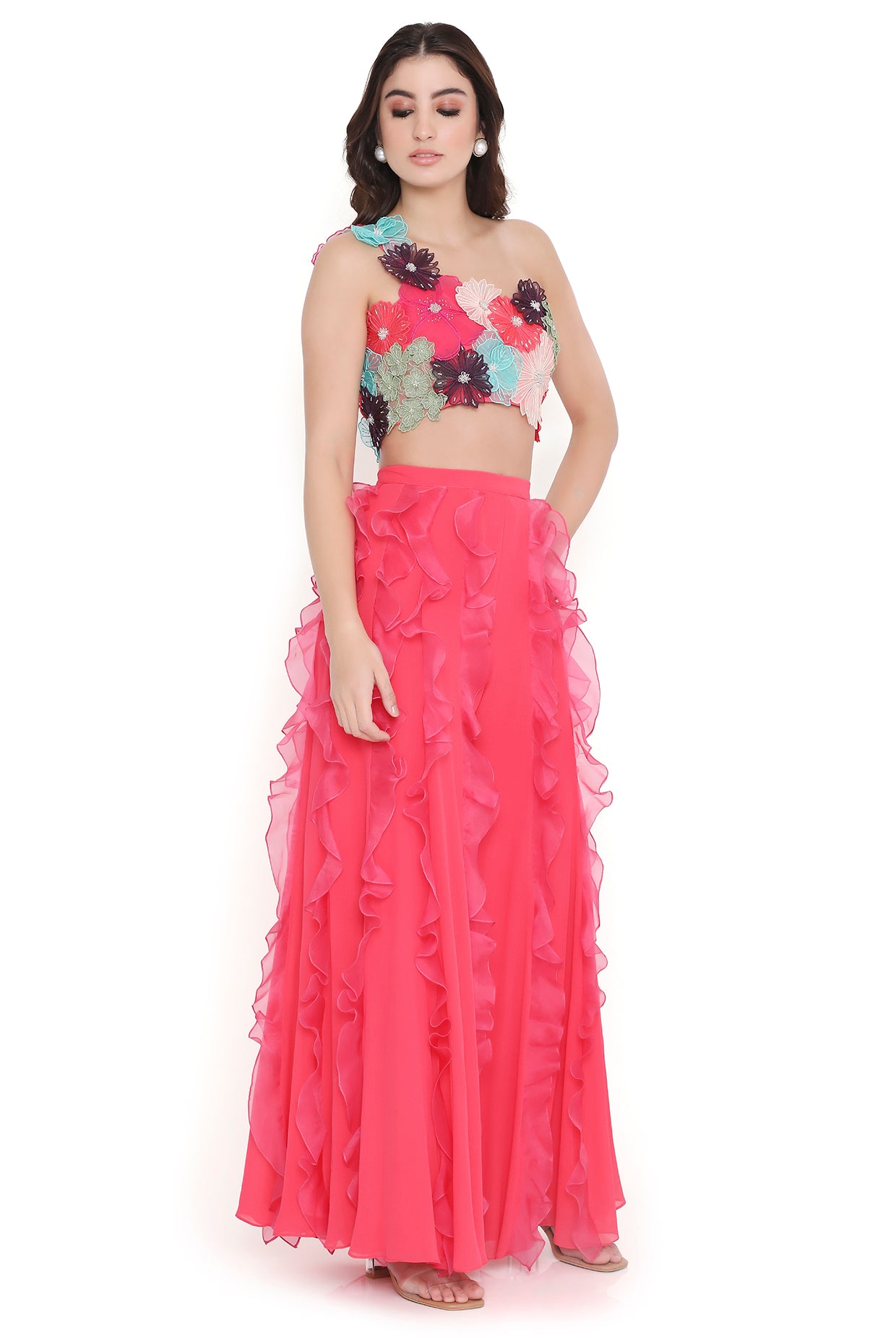 Rosetta Coral 3D Floral Embroidered One Shoulder Choli And Coral Sharara With Hot Pink Ruffles