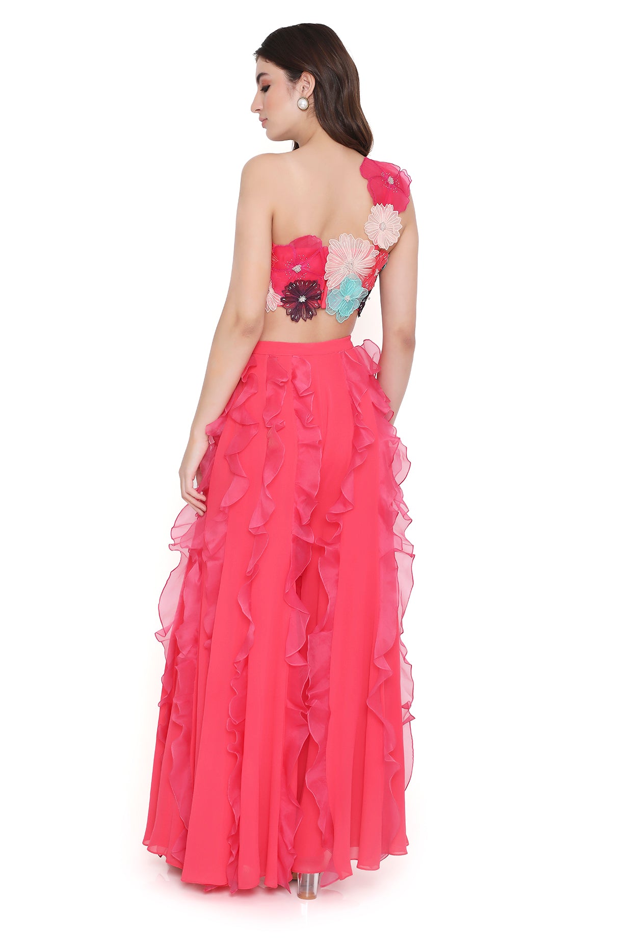 Rosetta Coral 3D Floral Embroidered One Shoulder Choli And Coral Sharara With Hot Pink Ruffles