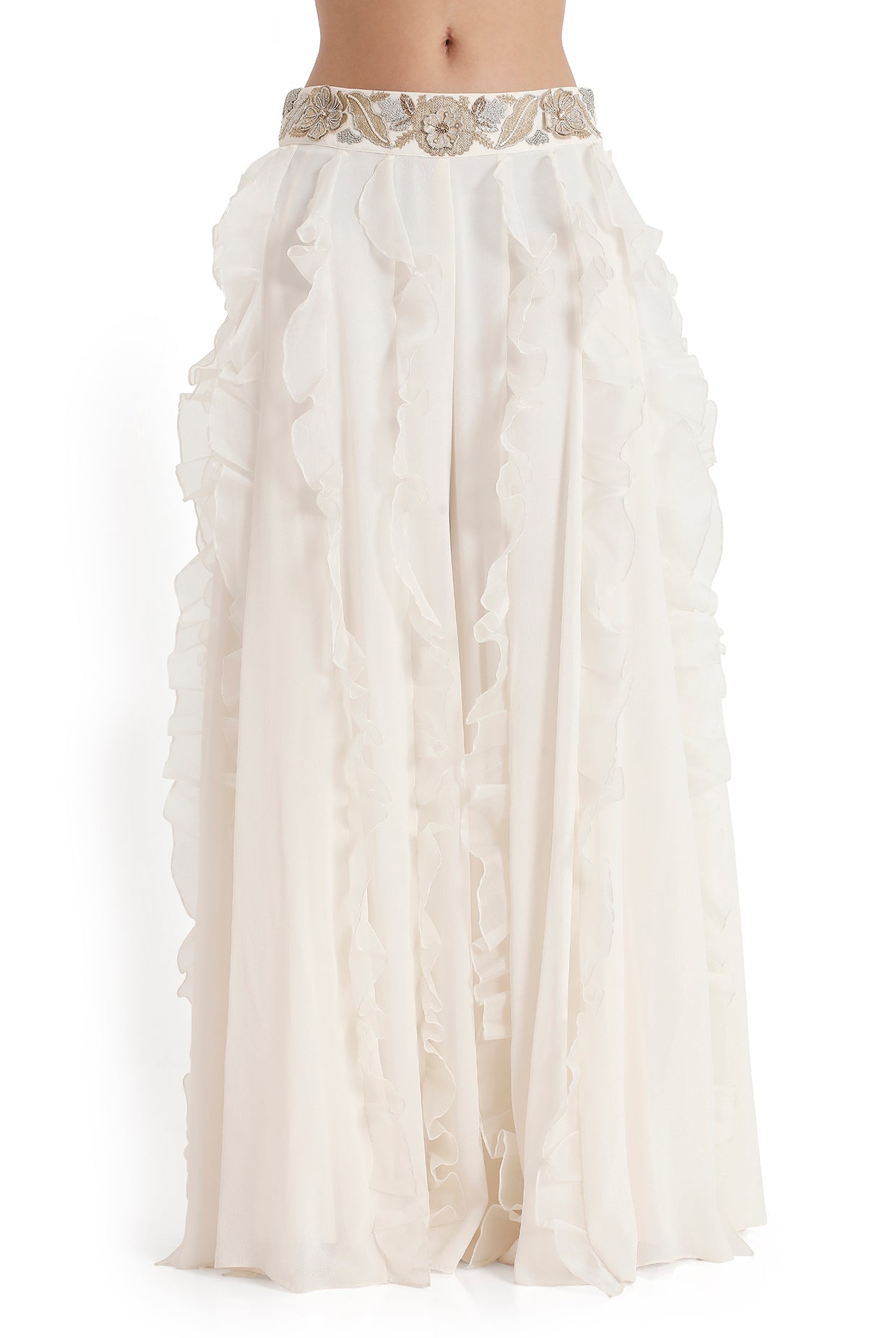 Off-White Embroidered Back Tie-Up Choli And Ruffled Sharara With Dupatta