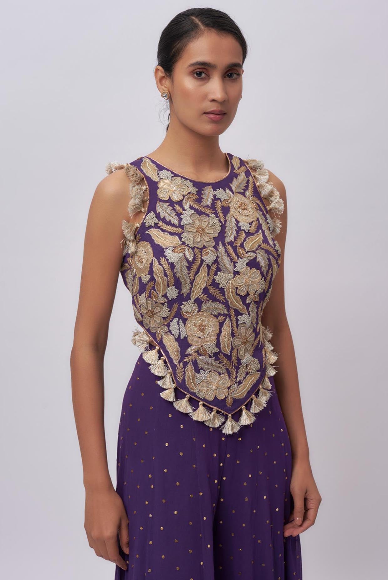 Purple Georgette Embroidred Choli And Mukaish Georgette Sharara