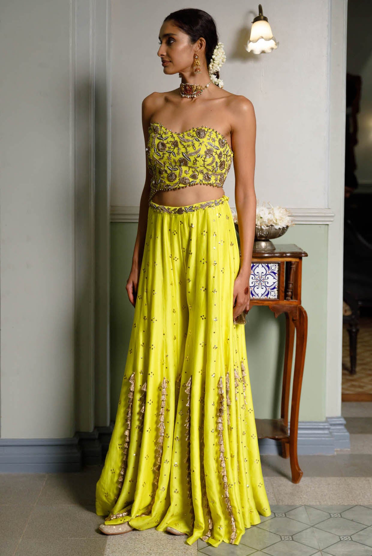 Nissa Lime Yellow Embroidered Choli With Sharara