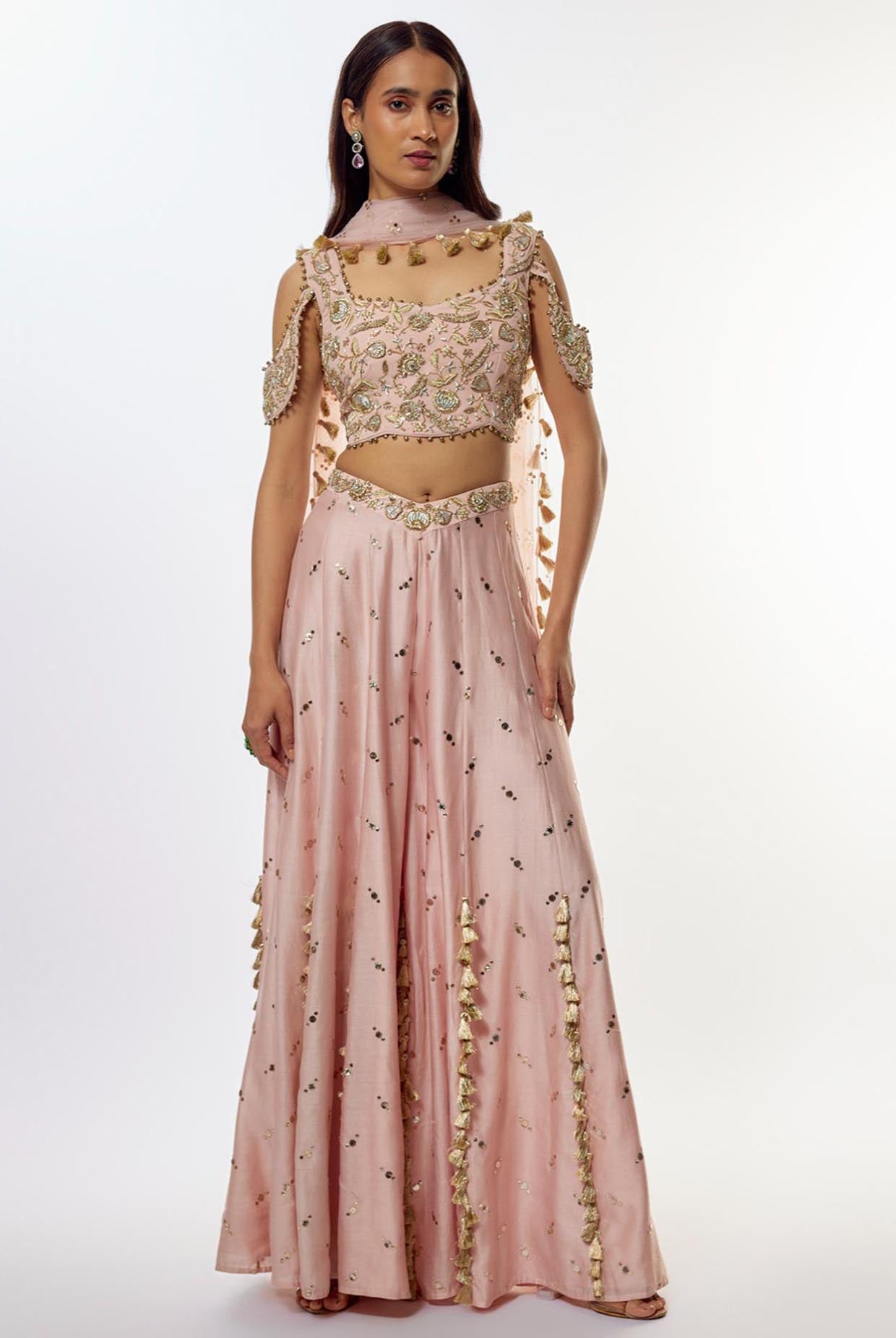 Rose Pink Embroidered Choli With Baju Band And Sharara With Dupatta