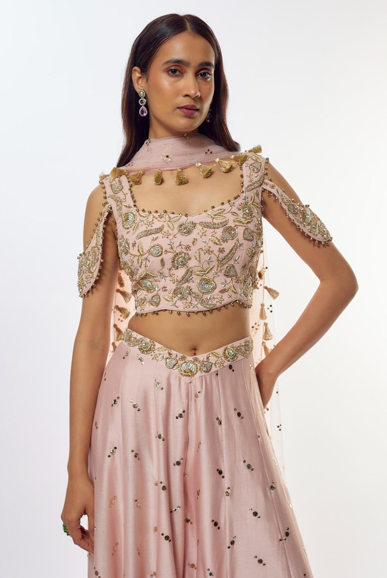 Rose Pink Embroidered Choli With Baju Band And Sharara With Dupatta
