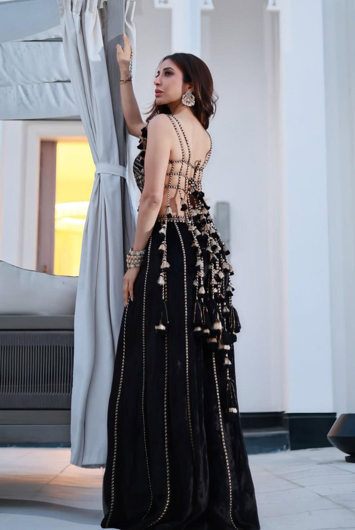 Benazir Black Embroidered Velvet Choli With Sharara Pants